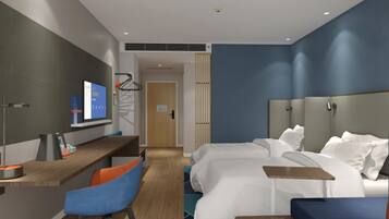 A modern hotel room with a large bed, a desk with a chair, a TV, and a bathroom with a shower and toilet.