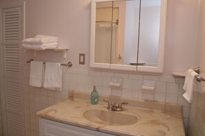 A bathroom with a sink, mirror, towel rack, and a door with louvered shutters.