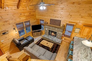 TV, fireplace, books, stereo