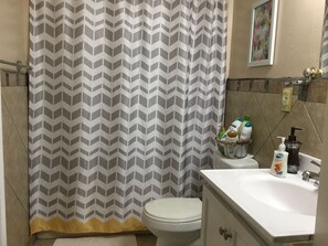 Combined shower/tub, hair dryer, towels, soap