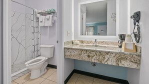 A bathroom with a toilet, shower, and sink with a marble countertop.