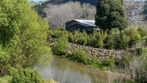 A house surrounded by lush greenery and a small pond. - Arawai - Waimarama Holiday Home (Waimarama)