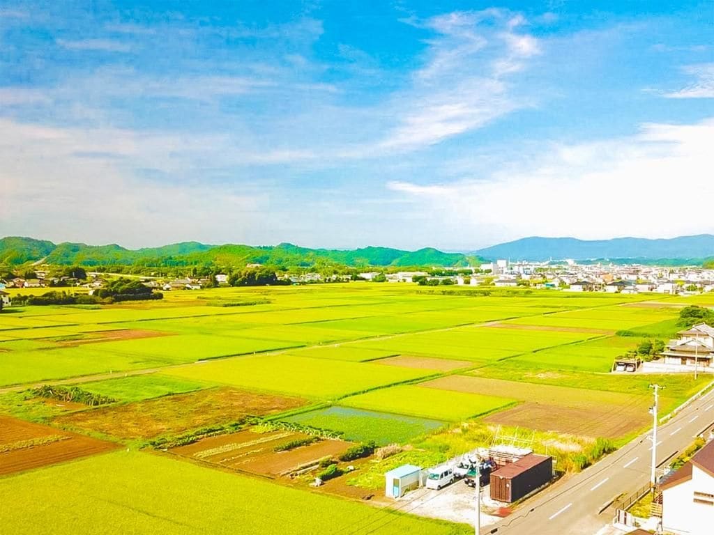 Paisaje rural con campos, una carretera y edificios a la distancia.