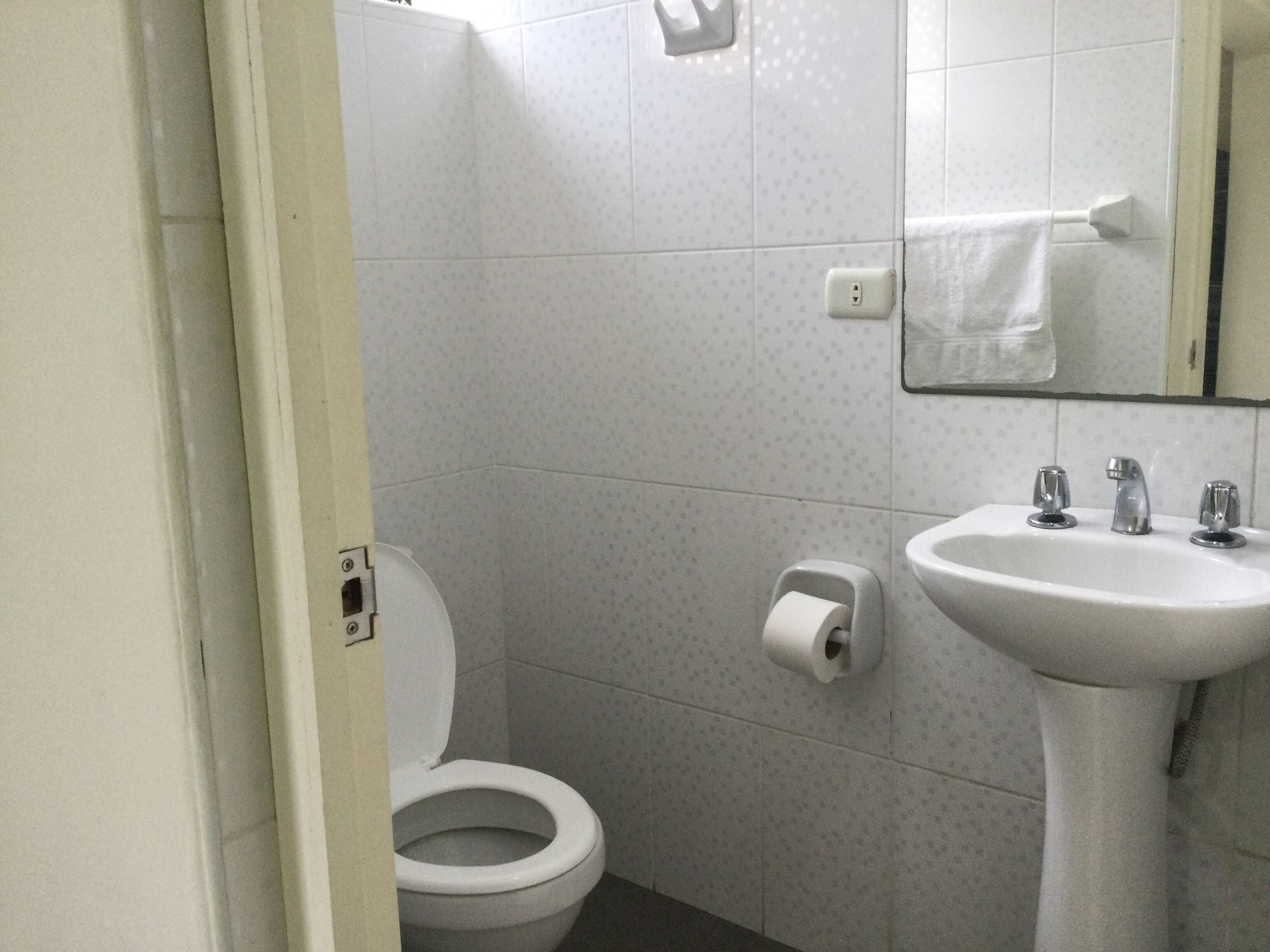 A bathroom with a toilet, a sink, and a mirror.