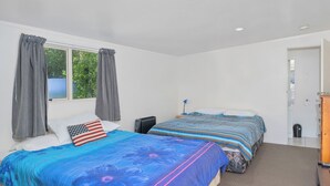 A bedroom with two beds, a window with curtains, a radiator, a desk, and a door.