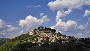 En stad belägen på en sluttning, med historiska byggnader, tät vegetation och en klarblå himmel.