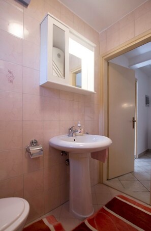 Chuveiro, secador de cabelo, toalhas de banho 