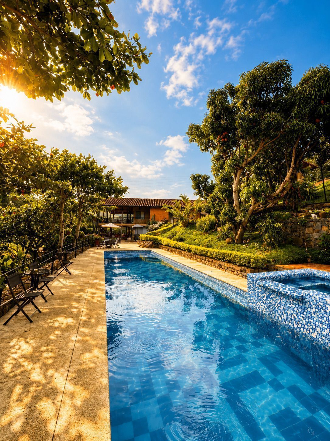 Outdoor pool, open 9:00 AM to 8:00 PM, pool umbrellas