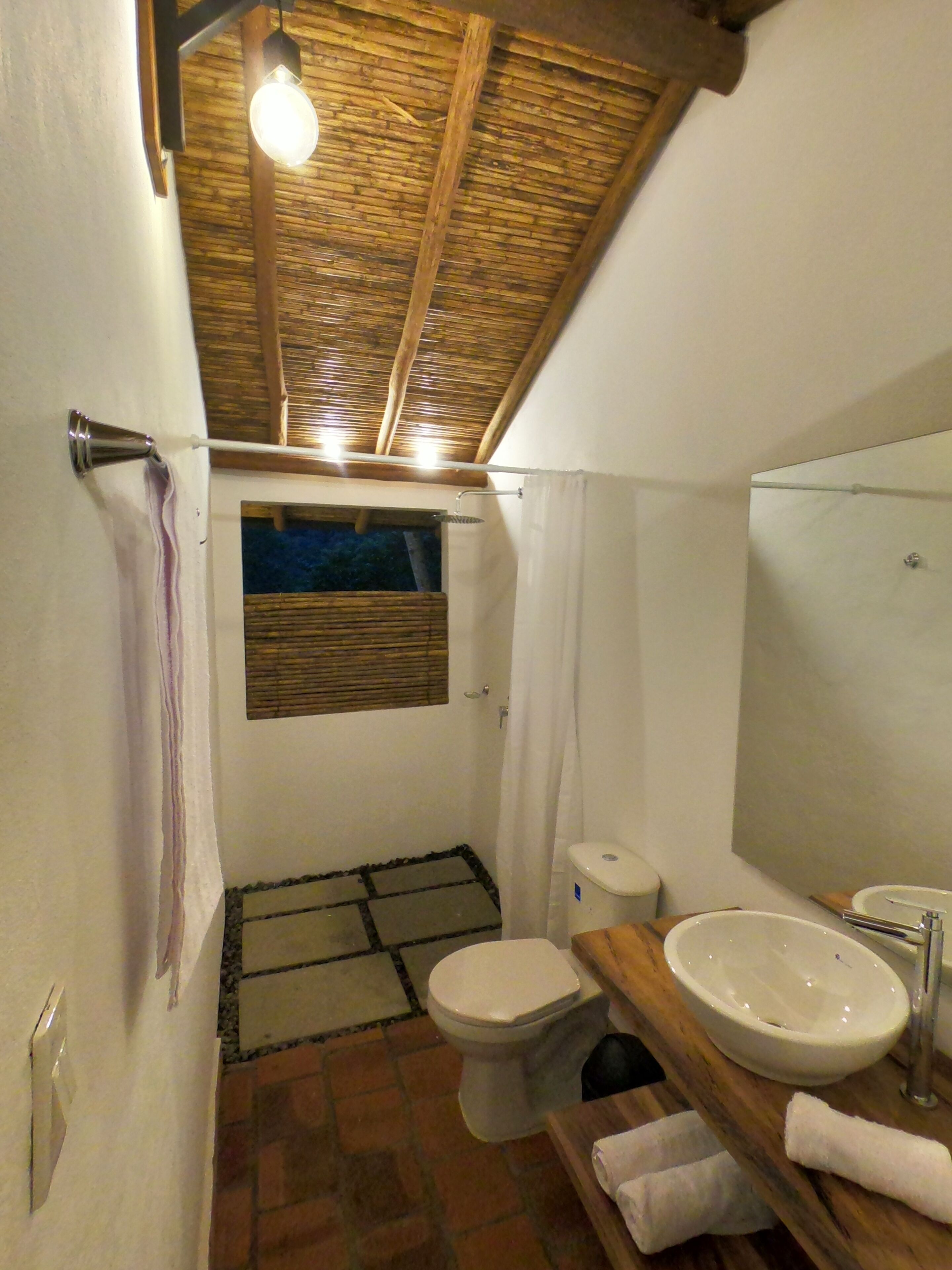 A compact bathroom with a wooden ceiling, a toilet, a sink, and a shower curtain.