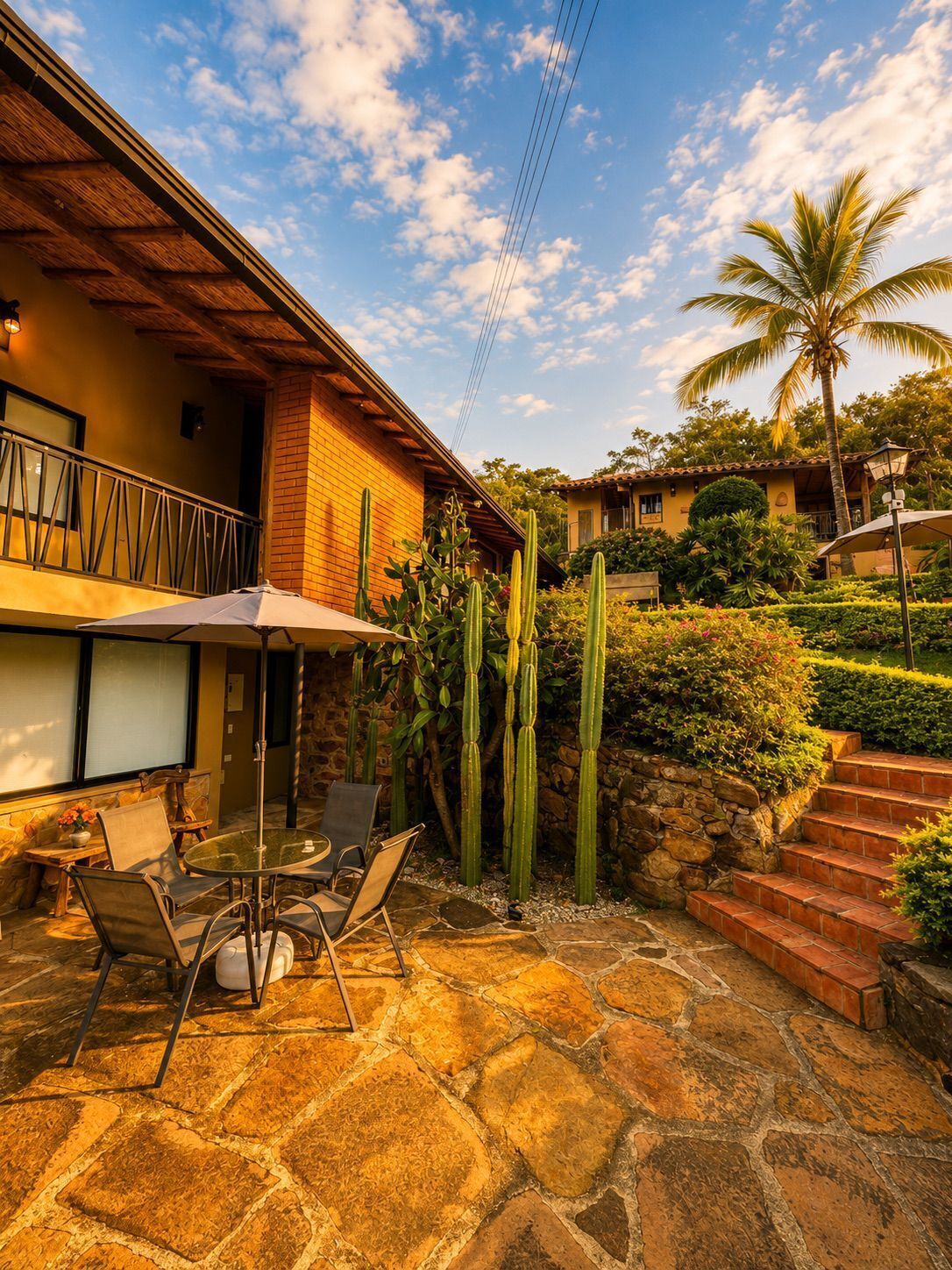 A patio with stone flooring, a table with chairs, and a cactus garden.