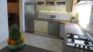 A compact kitchen with a refrigerator, dishwasher, and gas stove.