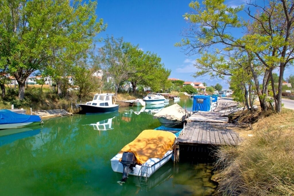 A calm waterway with boats docked, surrounded by trees and a dock with a covered area.