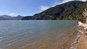 A lake with a clear view of the surrounding forested hills and mountains. - Ngaire's Haven - Mahau Sound Holiday Home (Mahau Sound)