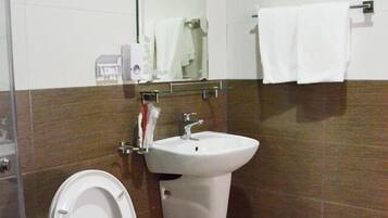 Shower, free toiletries, hair dryer, slippers