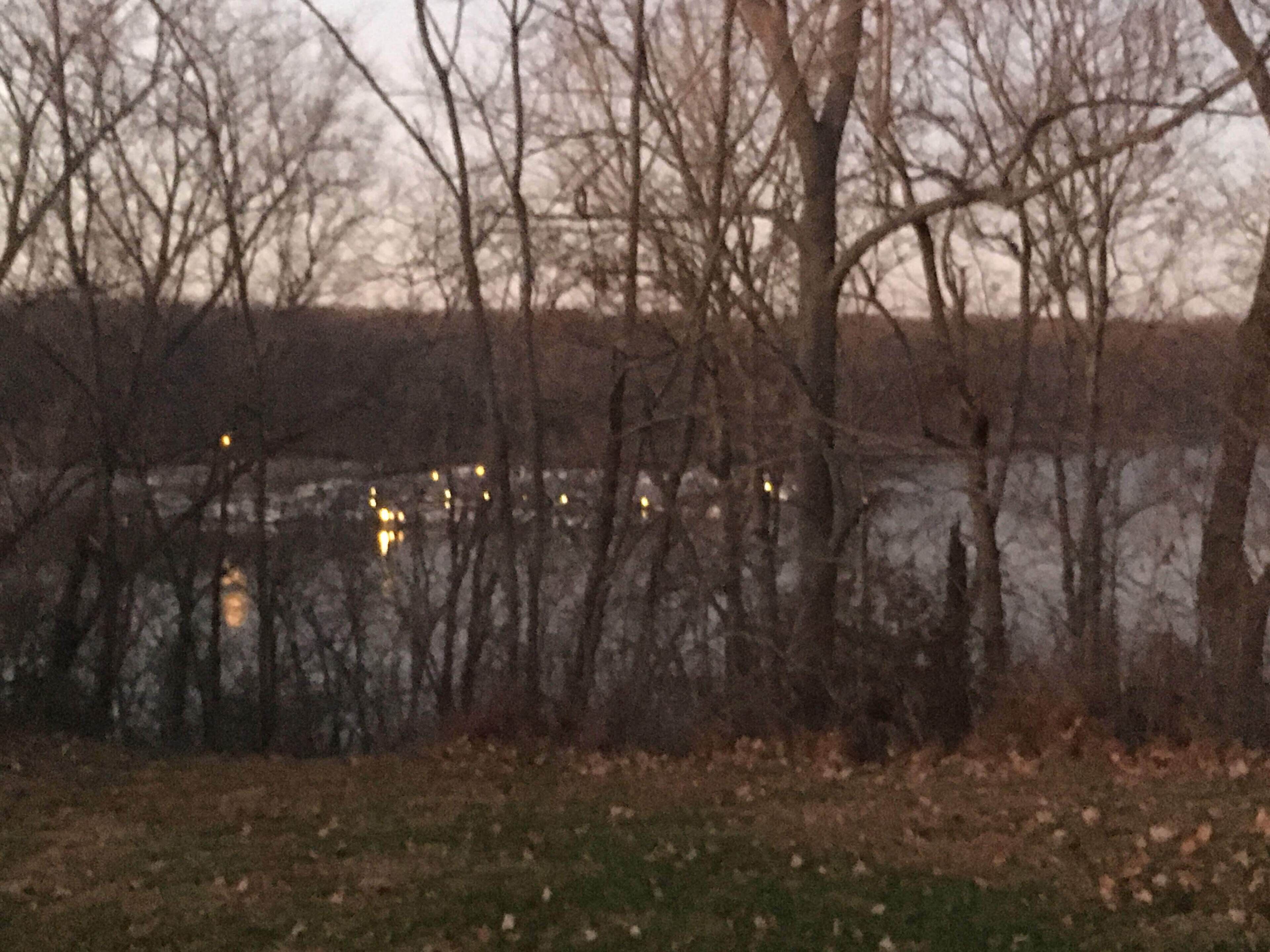 A view of a lake surrounded by leafless trees.