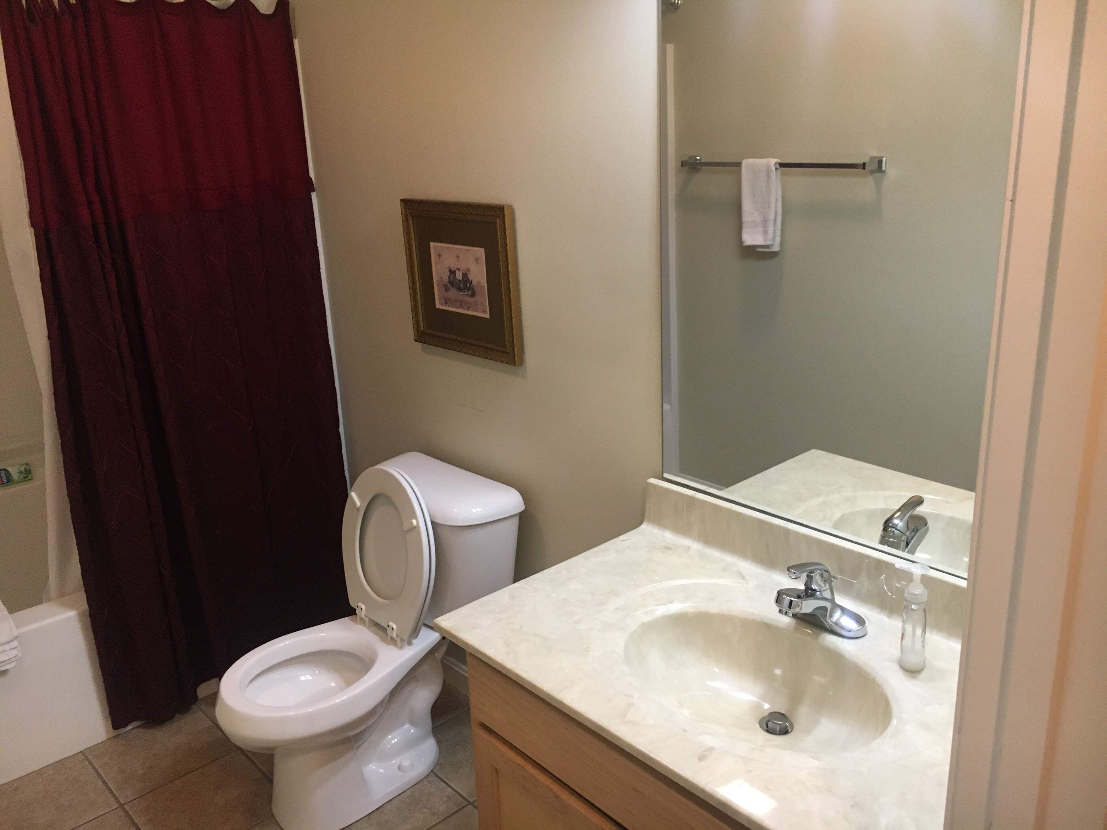 A bathroom with a toilet, sink, and mirror.