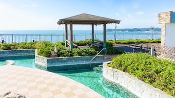 Indoor pool, outdoor pool, pool loungers