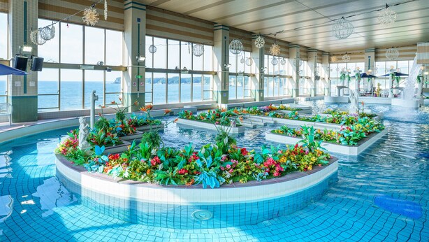 Uma grande piscina interior com várias pistas de natação, rodeada por canteiros de flores e elementos decorativos.