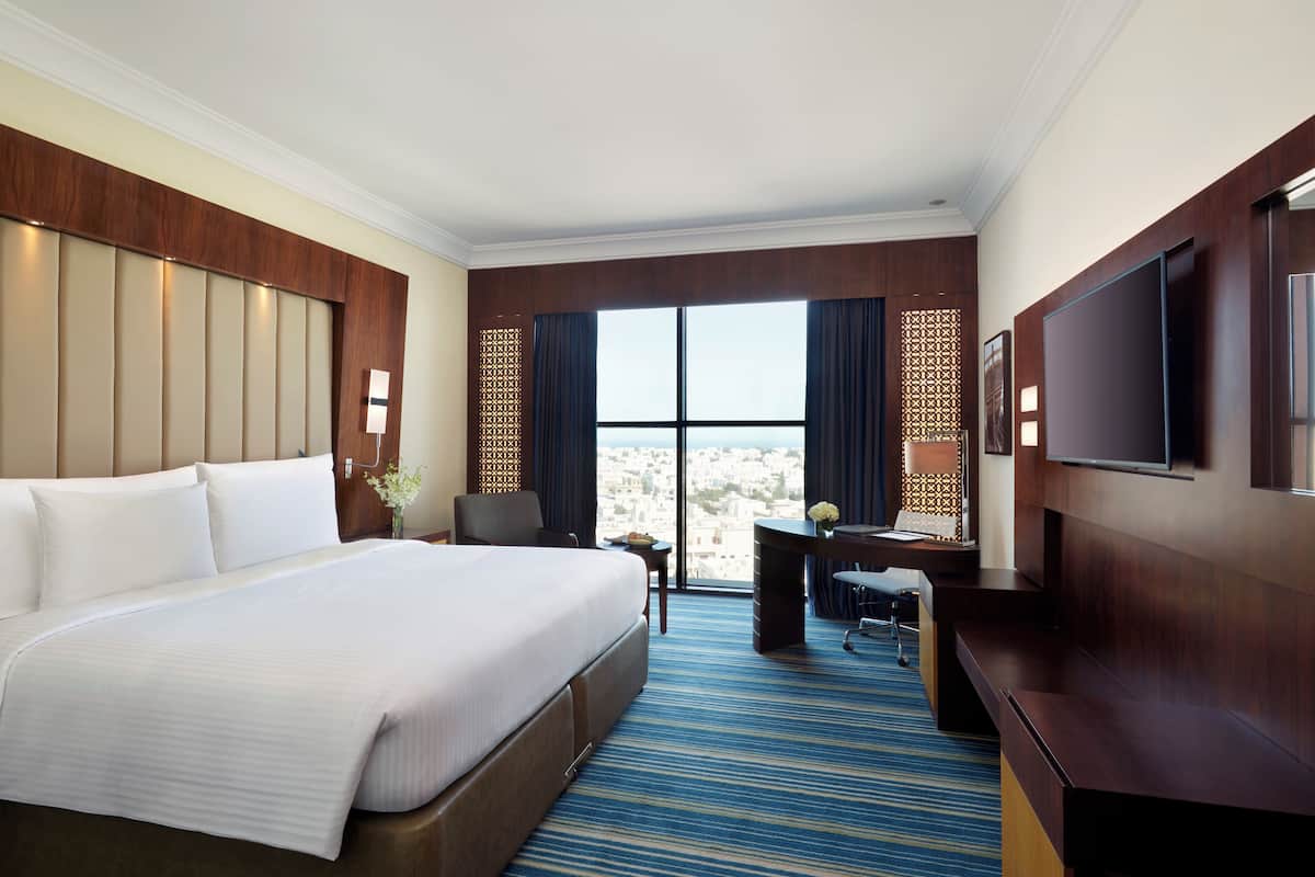 A hotel room with a large bed, a desk, a chair, a TV, and a view of the city.