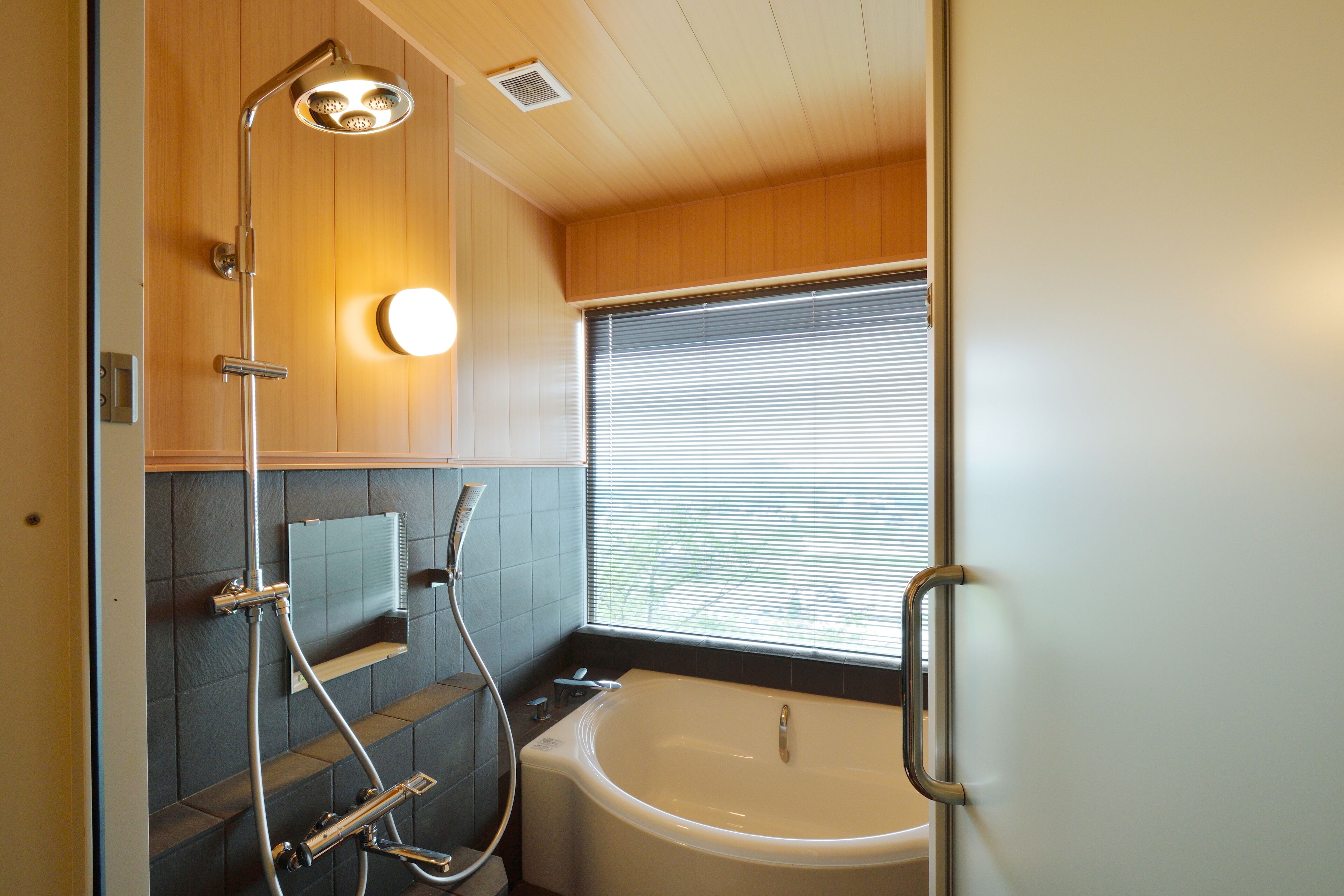 Une salle de bain moderne avec une baignoire, une douche et une fenêtre.