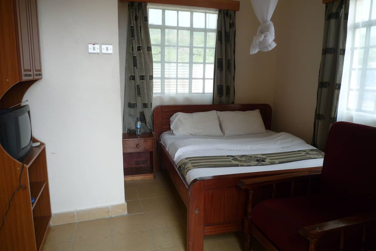 A bedroom with a wooden bed, a TV on a wooden stand, a red chair, and a window with curtains.