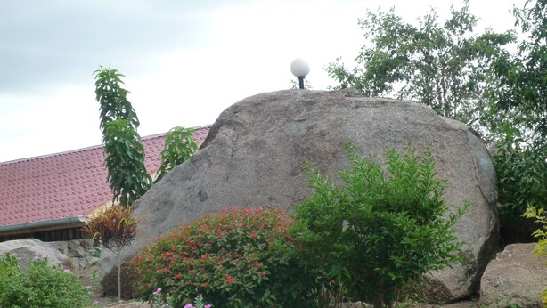 A large rock with a spherical object on top, surrounded by various plants and flowers. - Cawaal Hotels (Kisumu)