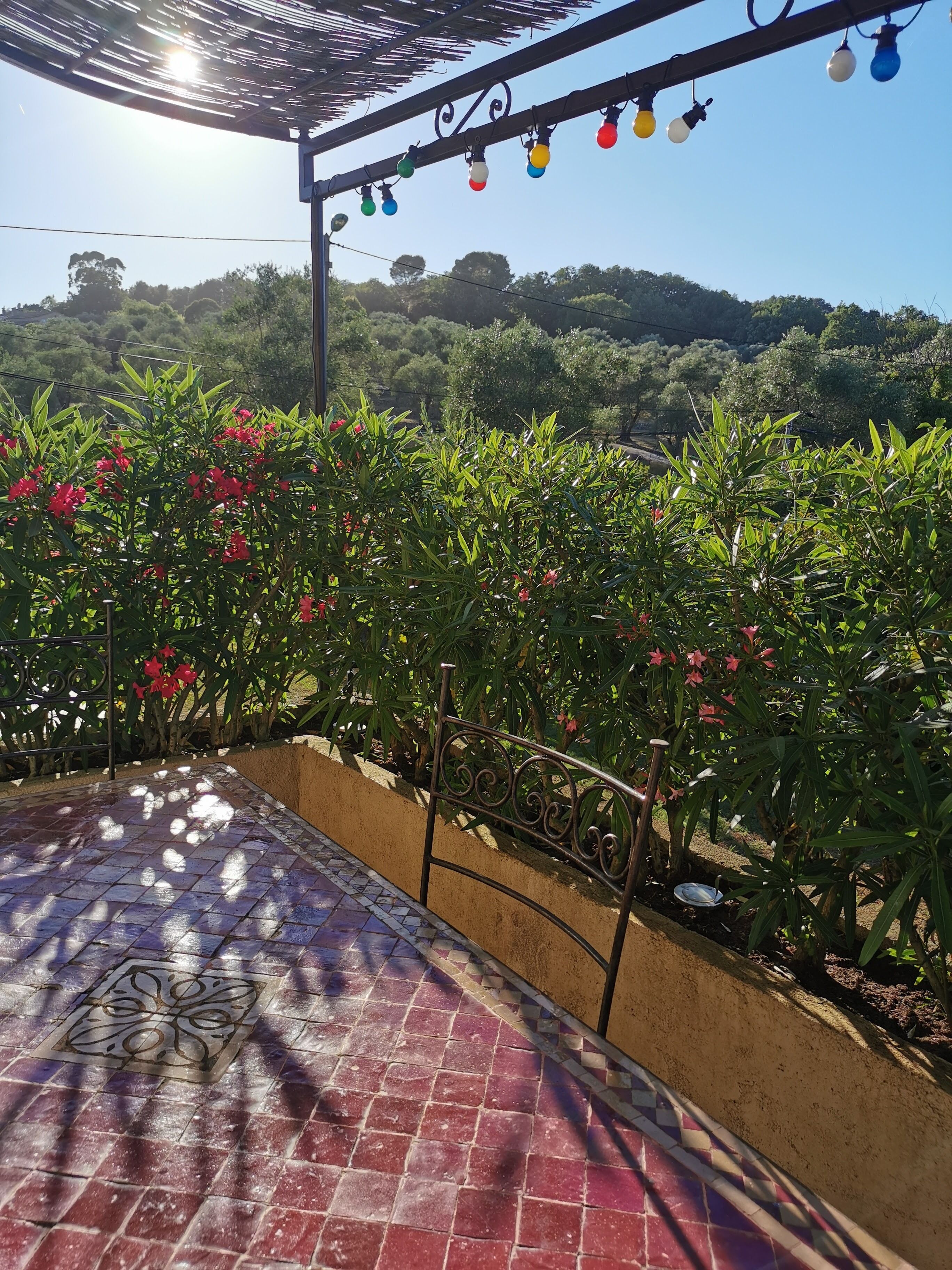 A patio with a tiled floor, a metal railing, and a pergola with colorful lights.