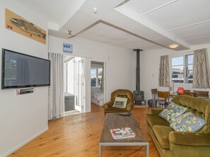 TV, fireplace, DVD player, books