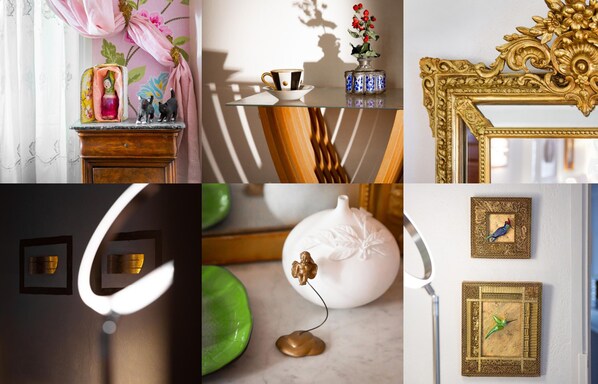 A collage of various interior design elements including a decorative cabinet, a table with a vase, a golden ornate frame, wall-mounted lights, and framed artwork. - La Maison Charmante (Chatellerault)