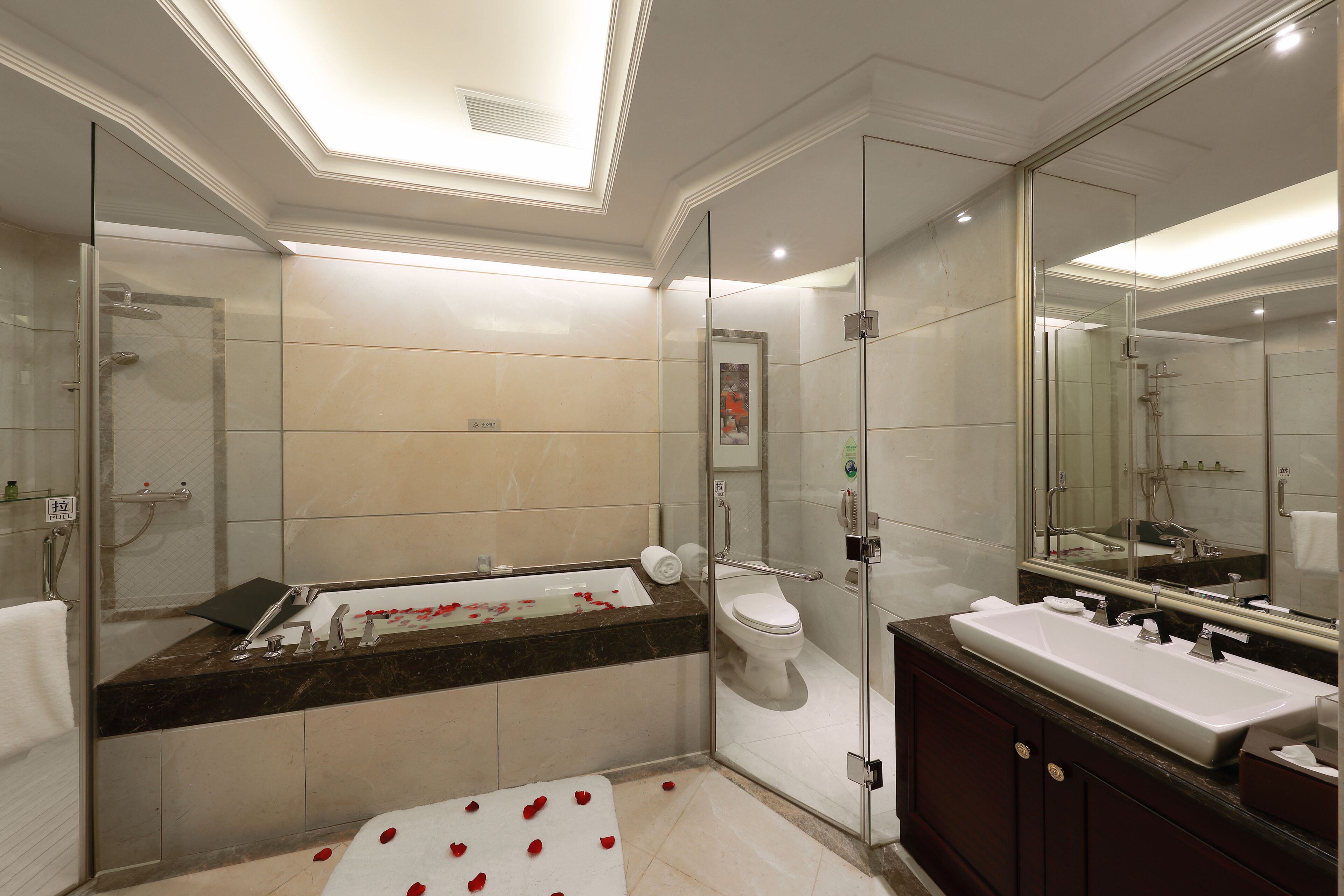 A modern bathroom with a glass-enclosed shower, a large bathtub, and a separate toilet area.
