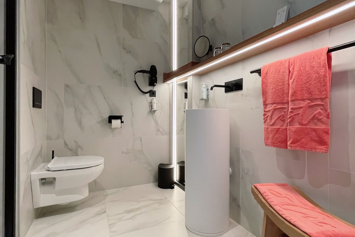 shower, free toiletries, hair dryer, towels