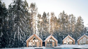 A row of wooden cabins with large windows, surrounded by snow-covered trees.