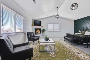 TV, fireplace, books
