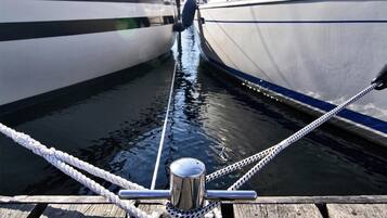A wooden dock with ropes and a metal bollard.