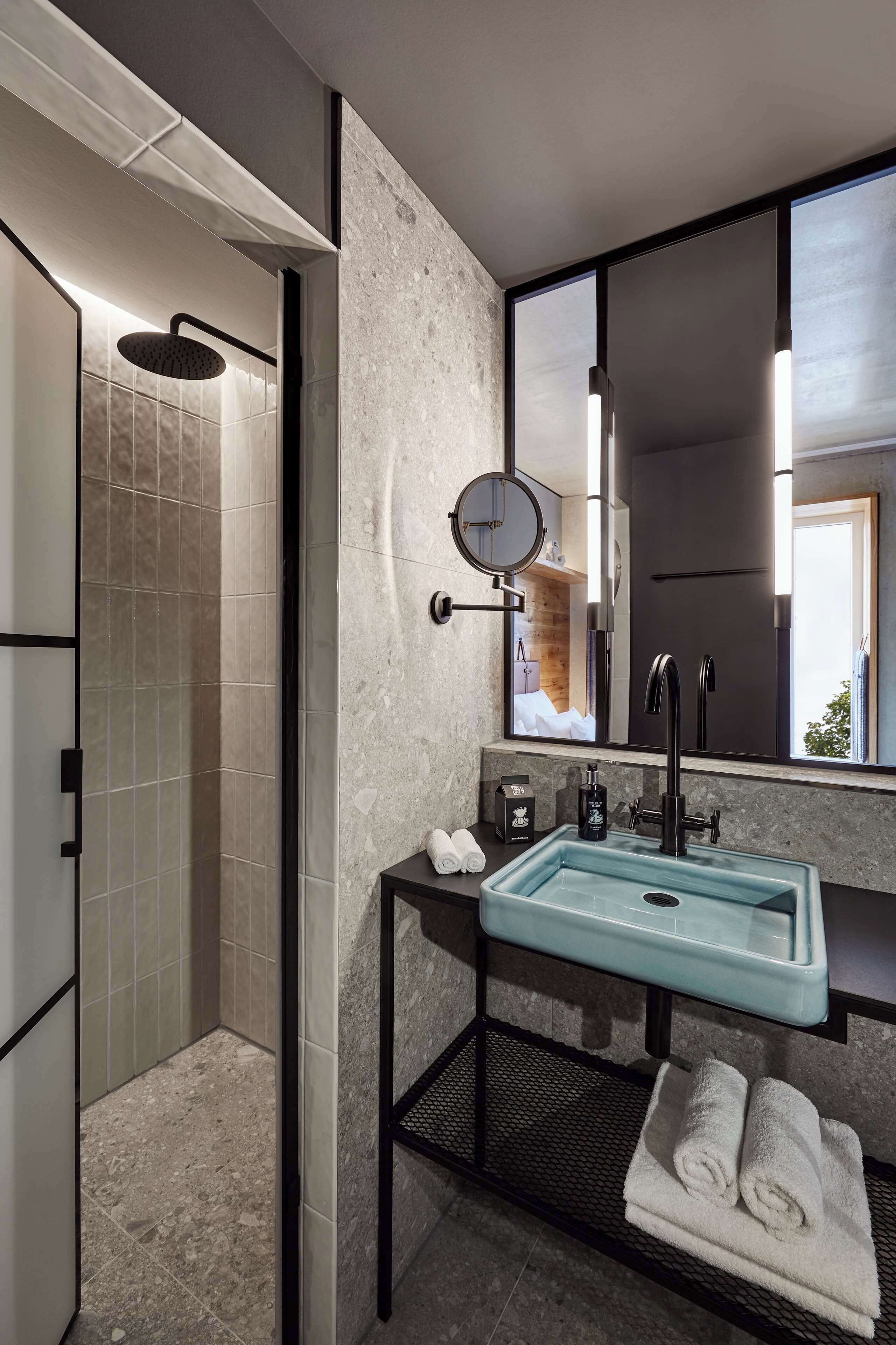 rainfall showerhead, eco-friendly toiletries, hair dryer, towels