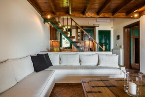 Family Villa, 2 Bedrooms, Sea View | Living room | 32-inch flat-screen TV with cable channels, TV - Alekata-Traditional Villas of Kefalonia (Kefalonia)