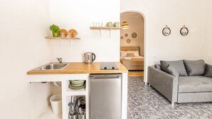 A compact kitchen with a sink, a kettle, and a dishwasher. There is a small shelf with a plant and a few cups. A grey sofa and a wall with two decorative plates are visible in the living area. - Skioni Apartments (Kassandra)