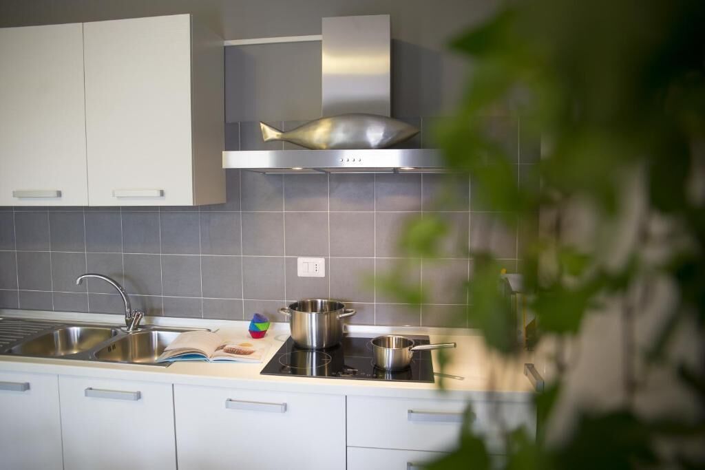 Et moderne køkken med hvide skabe, en emhætte i fiskedesign i rustfrit stål og en gasblus.