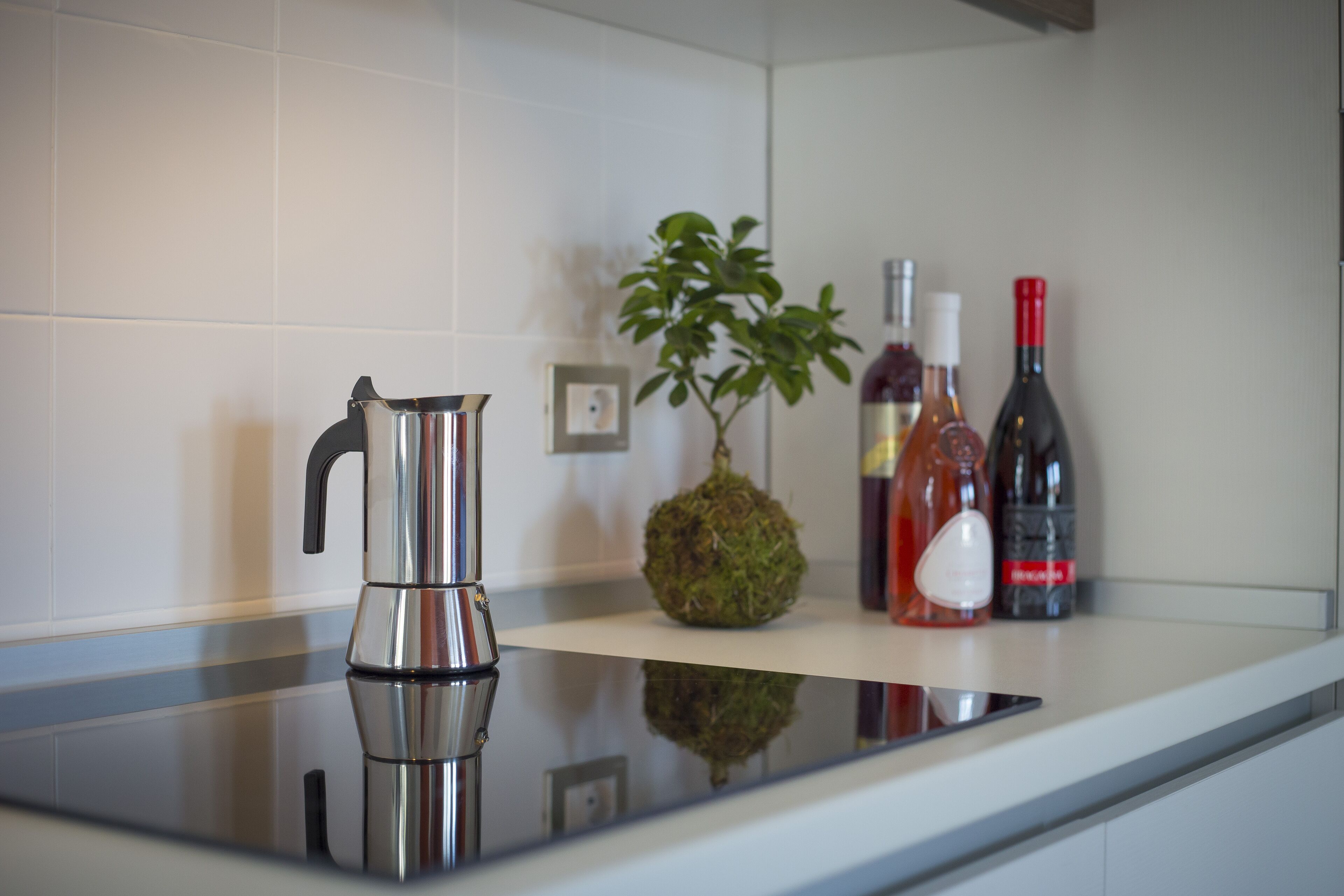 A kitchen counter with a stainless steel coffee maker, a potted plant, and two bottles of wine.
