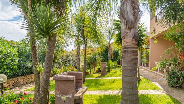 A garden with palm trees, a stone bench, and a pathway leading to a building. - Villa Fiorita (San Teodoro)