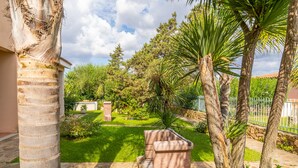 A well-maintained garden with palm trees, a stone bench, and a stone pathway leading to a building. - Villa Fiorita (San Teodoro)