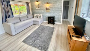 A modern living room with a grey sectional sofa, a grey rug, a wood-burning stove, a flat-screen TV on a wooden stand, and a large window with curtains.