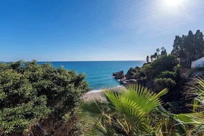 A coastal landscape with a beach, rocky cliffs, and dense greenery.