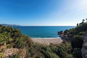 Un paisaje costero con una playa, acantilados rocosos y vegetación densa.