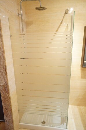 Une cabine de douche fermée par des parois en verre, équipée d’un pommeau de douche à main.