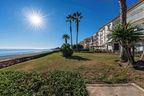 A beachfront hotel with palm trees, a clear sky, and a view of the ocean.