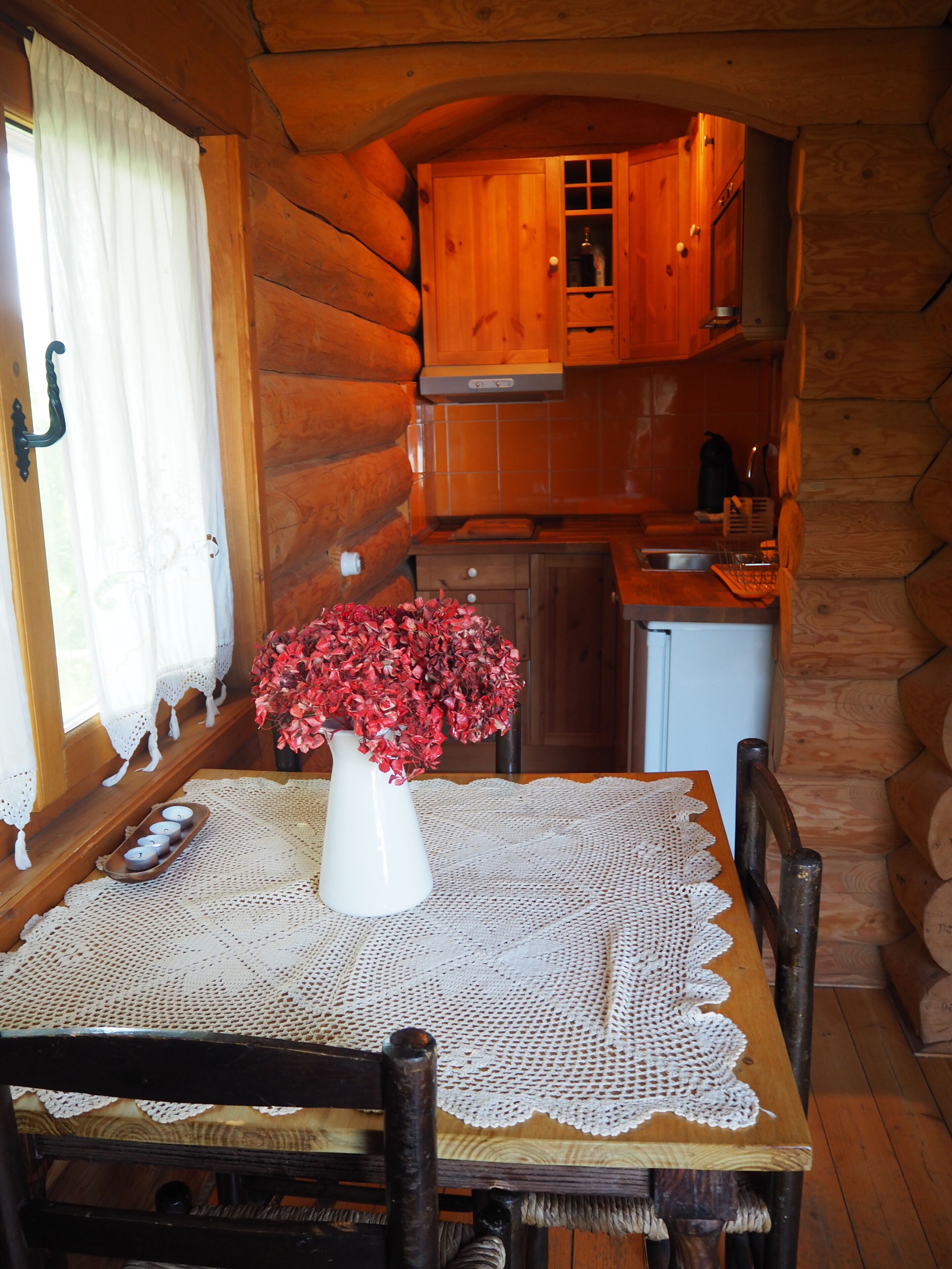 Een gezellig cabin interieur met een houten eettafel, een vaas met rode bloemen en een keuken met houten kastjes en een spoelbak.