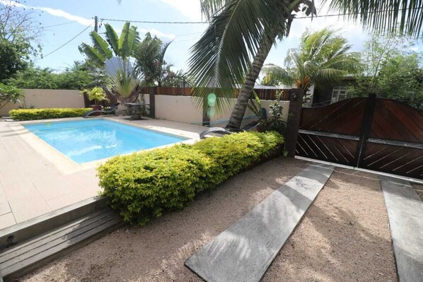 A swimming pool with a paved deck, surrounded by a low hedge and palm trees.