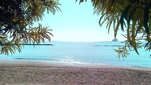 A beach with clear water, a distant ship, and palm trees framing the view. - Metro Court Apartments (Limassol)