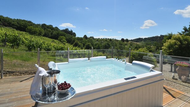 Un bain à remous sur une terrasse en bois, offrant une vue dégagée sur un vignoble et des collines en arrière-plan.